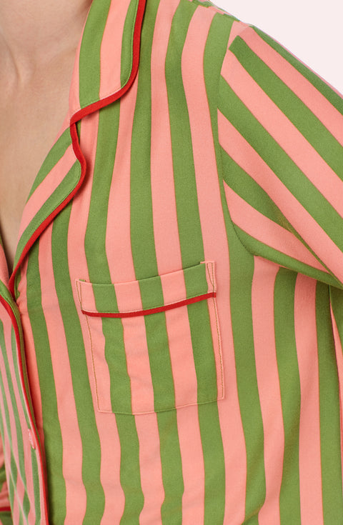 A Lady Wearing Stella Knit Pj Set In Stripes & Stems showing a detail close up view