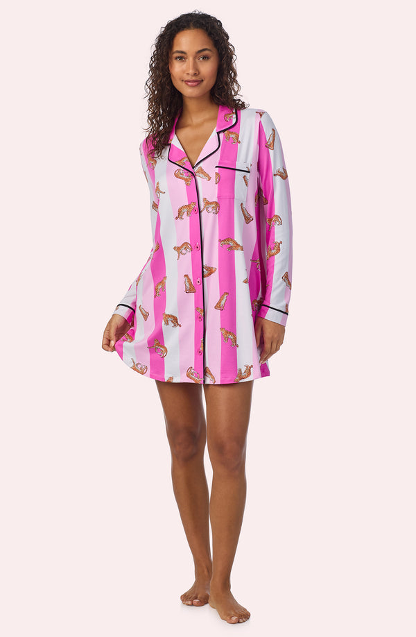 A lady wearing Kylie Sleepshirt In Spots & Stripes