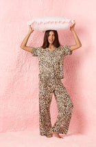 A lady wearing Josephine Long Knit Pj Set In Spotted Spice