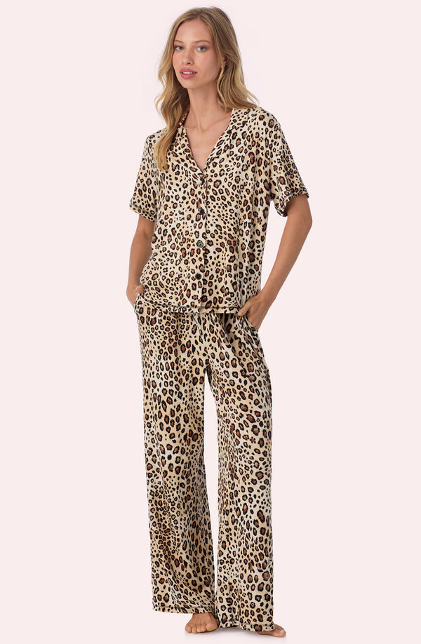 A lady wearing Josephine Long Knit Pj Set In Spotted Spice