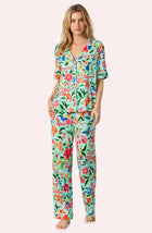 A Lady Wearing Dakota Long Knit Pj Set In Aqua Fleur facing front view