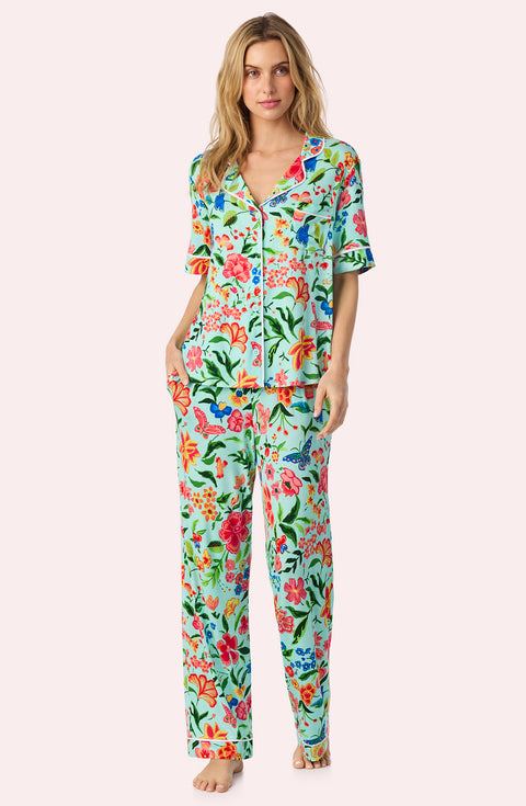 A Lady Wearing Dakota Long Knit Pj Set In Aqua Fleur facing front view