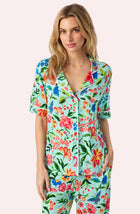 A Lady Wearing Dakota Long Knit Pj Set In Aqua Fleur facing front with a close up view