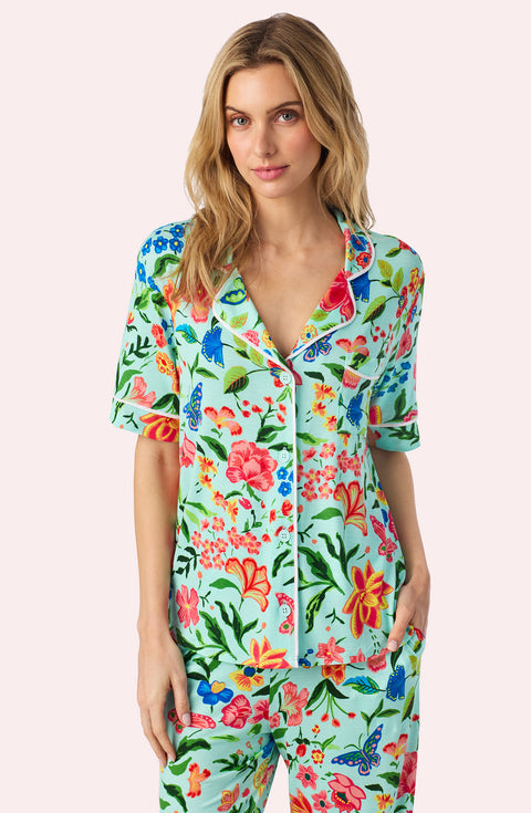 A Lady Wearing Dakota Long Knit Pj Set In Aqua Fleur facing front with a close up view