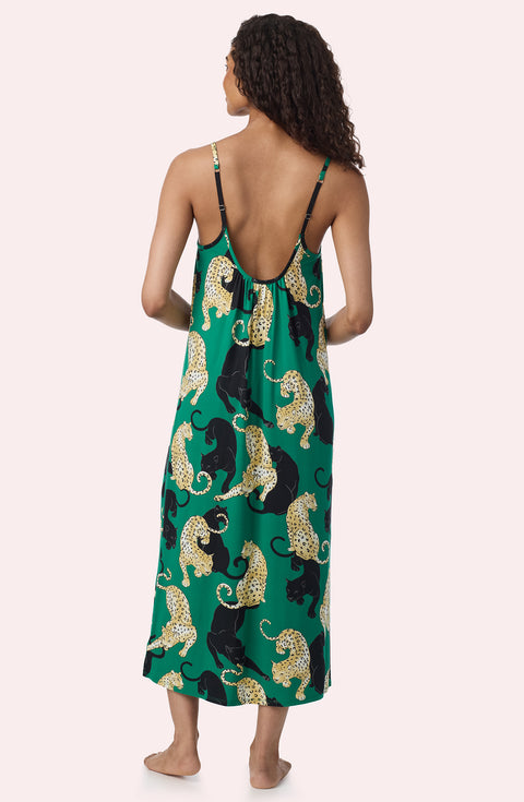 A Lady Wearing Avery Knit Chemise In Panthera Glam in a back view standing pose