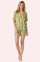 A Lady Wearing Dakota Short Knit Pj Set In Lemonade Stand Stripe facing front view