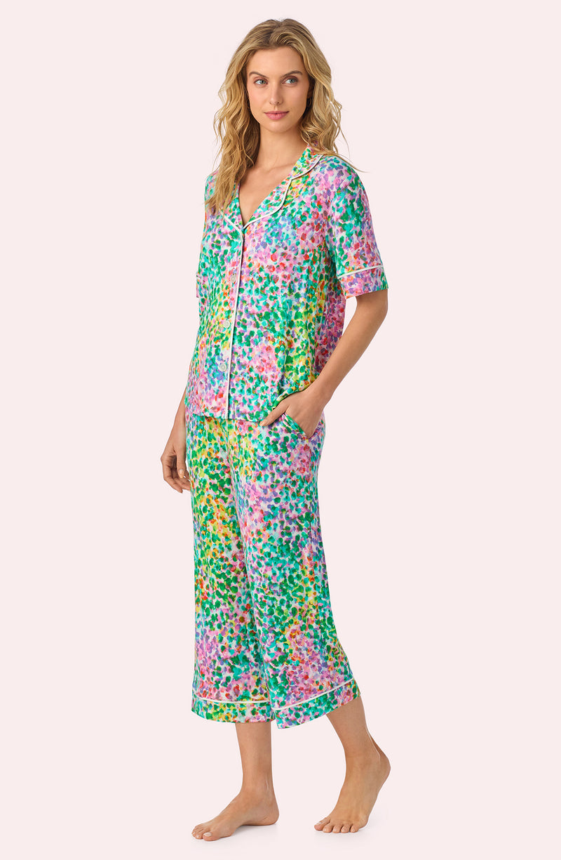 A lady wearing Aspen Cropped Knit Pj Set In Dreamscape Dot