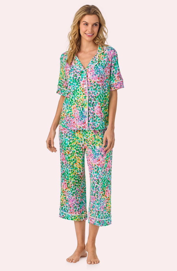 A lady wearing Aspen Cropped Knit Pj Set In Dreamscape Dot
