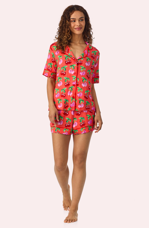 A lady wearing Aspen Short Knit Pj Set In Very Cherry