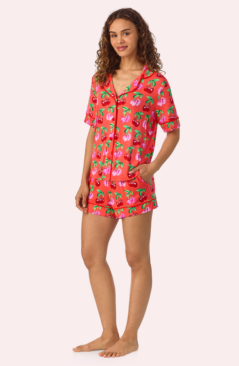 A lady wearing Aspen Short Knit Pj Set In Very Cherry