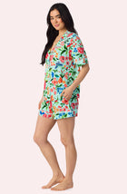 A Lady Wearing Dakota Short Knit Pj Set In Aqua Fleur posing side angle view