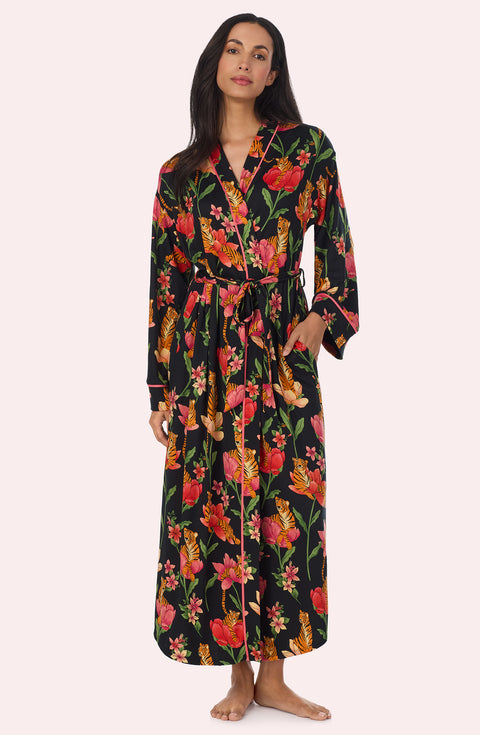 A Lady Wearing Madilyn Knit Robe In Flora & Fierce