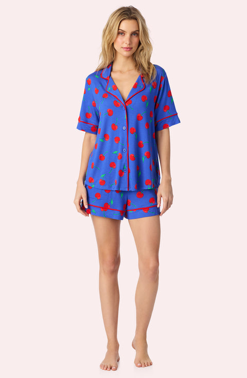 A Lady Wearing Dakota Short Knit Pj Set In Cherry Kisses facing front view