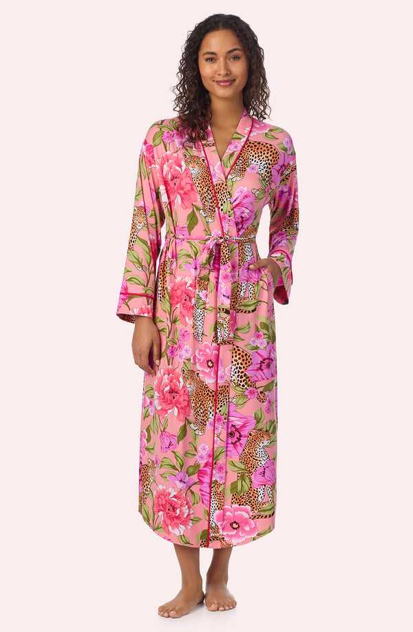 A lady wearing Madilyn Robe In Rosy Roar