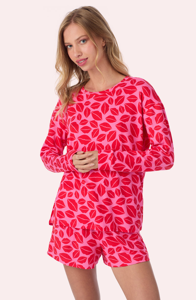 A lady wearing Lorena Short Knit Pj Set In Perfect Pout