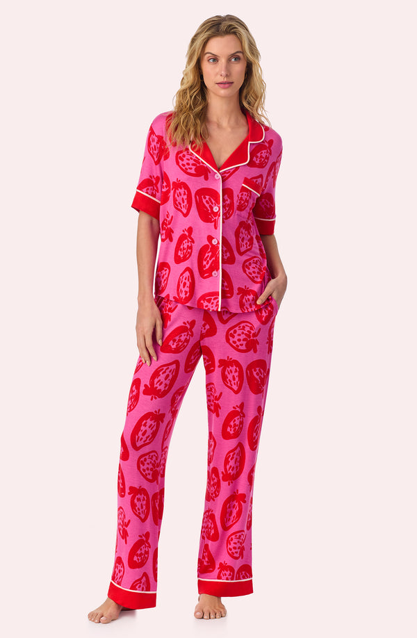 A lady wearing Dakota Knit Pj Set In Strawberry Splash