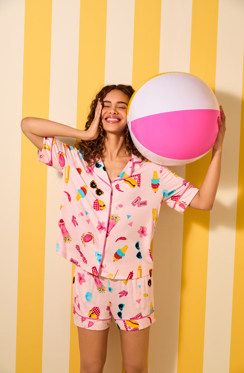 A lady wearing Aspen Knit Pj Set In Surf Bbq Bash