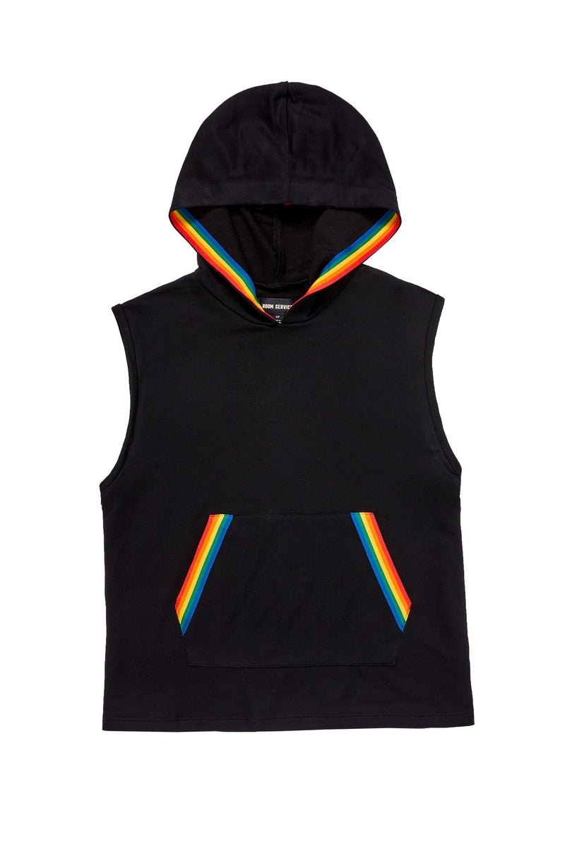A girl wearing sleeveless black hoodie