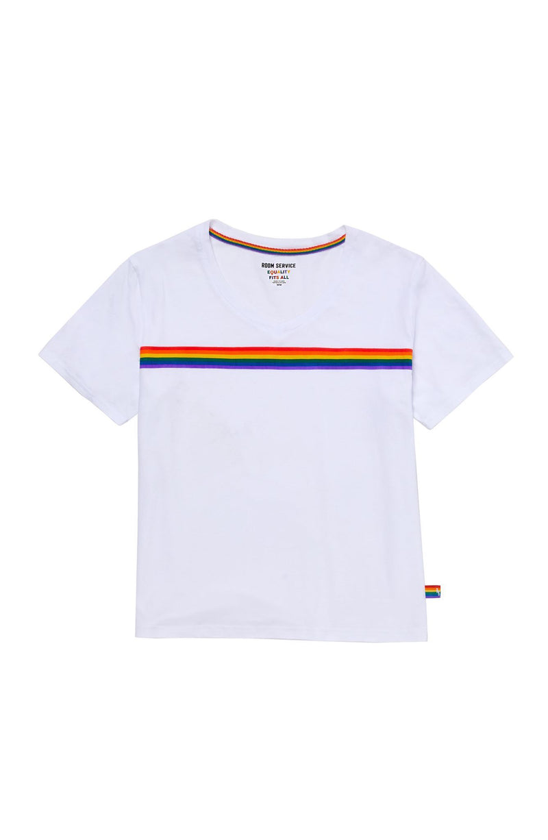 White unisex T-Shirt with pride stripes.