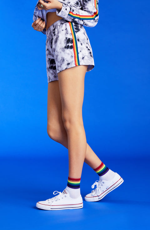 Girl is wearing black and white Tie Die Short.