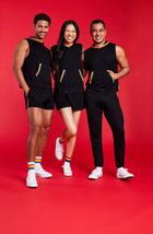 Men and a lady wearing sleeveless black hoodie