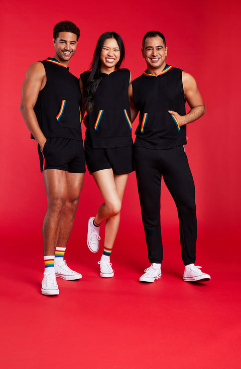 Men and a lady wearing sleeveless black hoodie